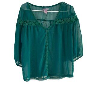 Ultra Pink Womens Green Sheer Crochet Lace Trim Pull Over Shirt Blouse Top-M
